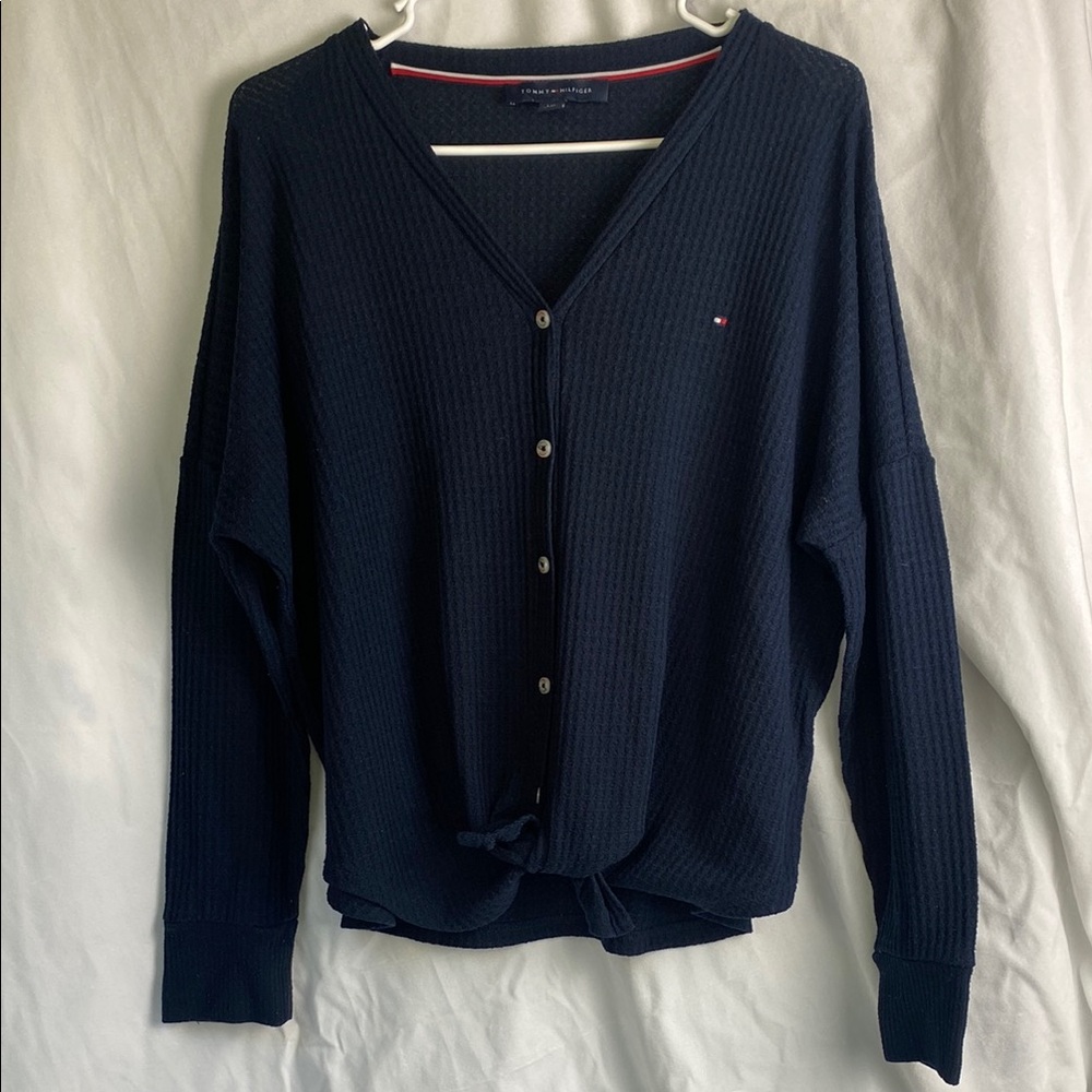 Tommy Hilfiger L Navy Blue Waffle Knit Button Up Cardigan